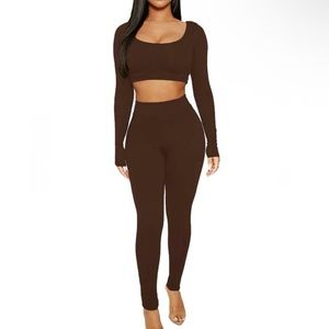 NAKED WARDROBE dark brown scooped crop & matching leggings